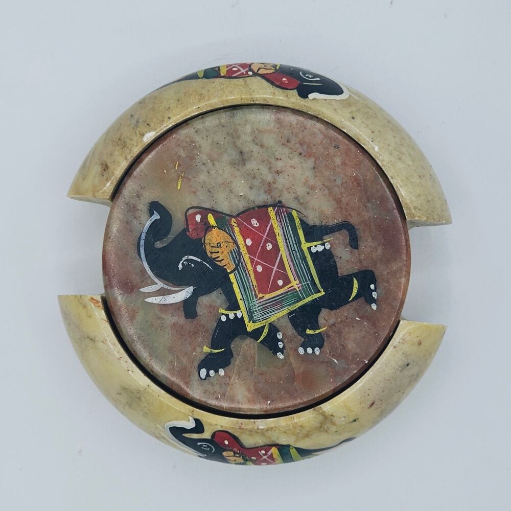 Elephant Coasters Stone Marble  Set of 5 with holder Hand Panted